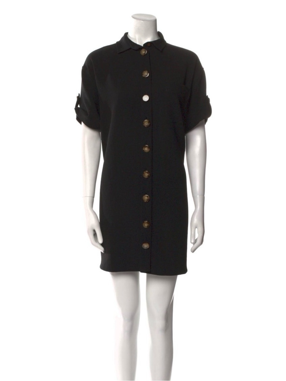 Sézane Black Button Front Mini Shirt Dress S Collared Short Sleeve